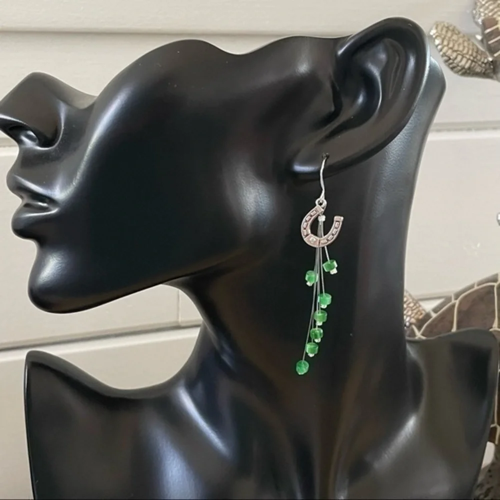 $10 SALE Lucky Horseshoe Statement Earrings Green Mixed Metal 3” Long - Picture 3 of 4